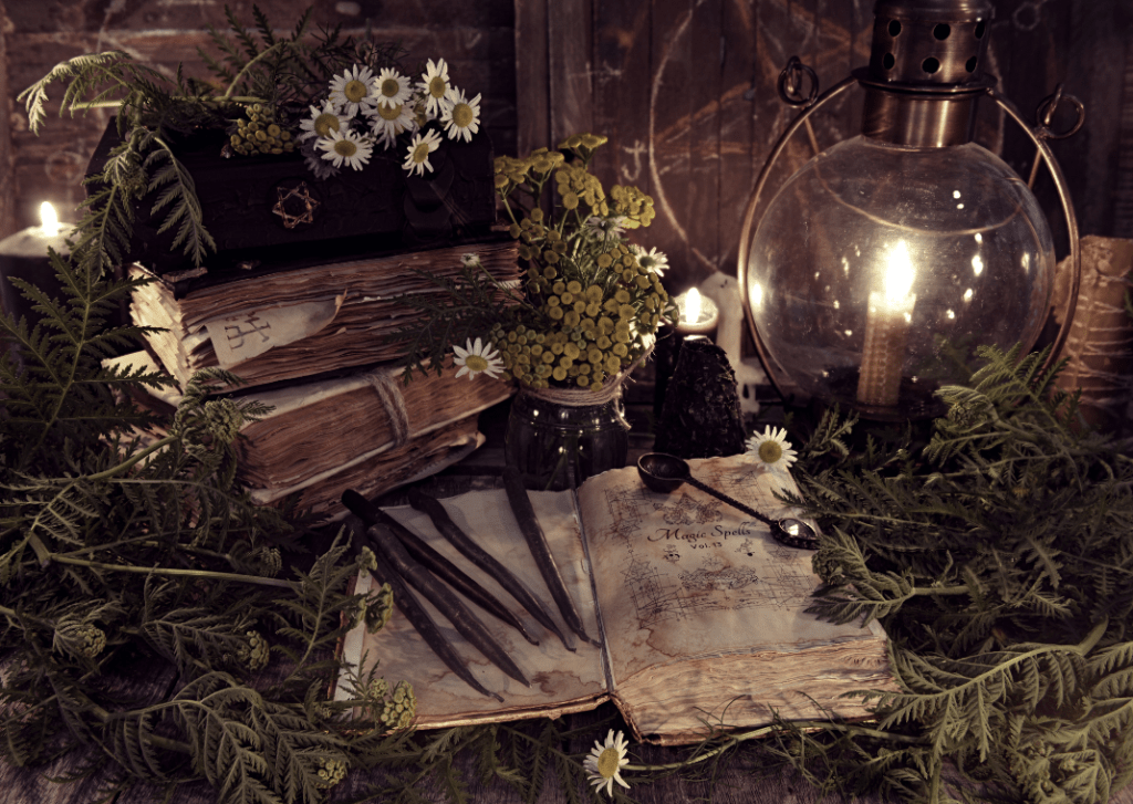 Books, quills and a candle, surrounded by wild flowers.